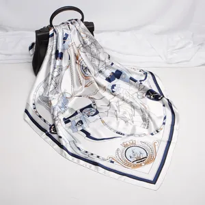 Elegant 90cm imitation silk square scarf featuring a classic nautical marine print design.
