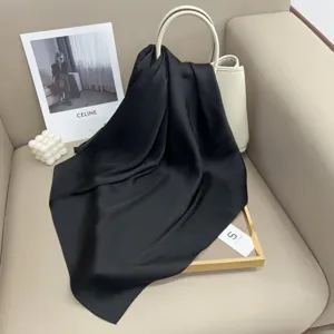 Solid black silk square scarf, elegant minimalist neckerchief for professional daily wear.