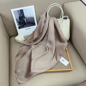 Solid color silk square scarf for women, elegant taupe neck scarf, versatile spring and summer accessory.