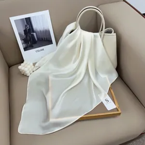 Solid color square silk scarf for women, elegant plain satin neckerchief for daily office.