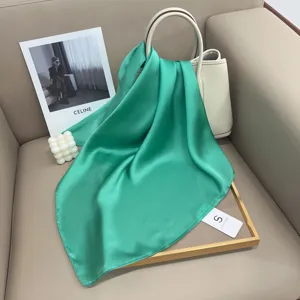 Green silk square scarf for women, elegant satin neck scarf, stylish daily fashion accessory.