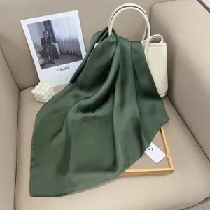 Dark green solid color silk satin small square scarf for women versatile elegant daily wear.