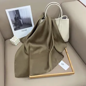 Solid color silk square scarf, elegant olive khaki satin neckerchief for stylish women.