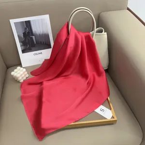 Solid color red silk scarf, elegant small neckerchief, premium chic accessory for women.