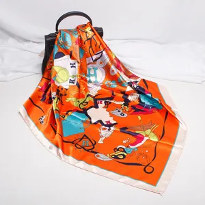 Luxury orange satin silk square scarf 90cm women fashion elegant head wrap accessory