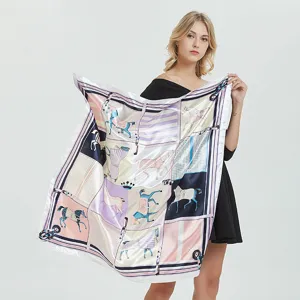 Luxury 90cm satin silk square scarf with elegant equestrian horse print, vintage style wrap.