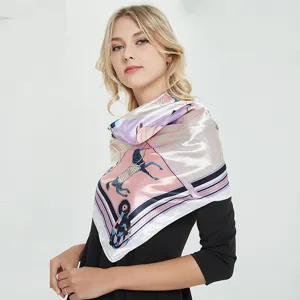Detailed view of satin silk square scarf featuring elegant equestrian print and smooth texture.