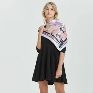 Women's 90cm satin silk square scarf with elegant equestrian horse print, spring autumn shawl.