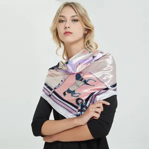 Detail shot of silk satin square scarf with equestrian print, elegant accessory for women.