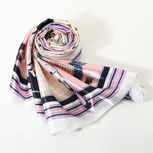 Exquisite 90cm satin silk scarf detail showing elegant printed patterns and soft luster.