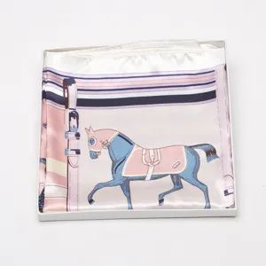 Equestrian print satin silk scarf 90cm luxury style elegant women shawl detail view