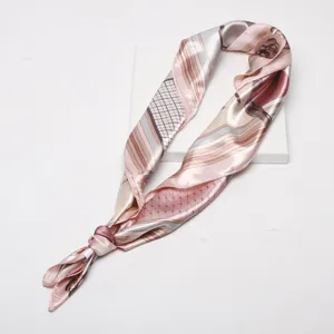 Elegant pink satin silk square scarf for women with geometric stripes and chic prints.