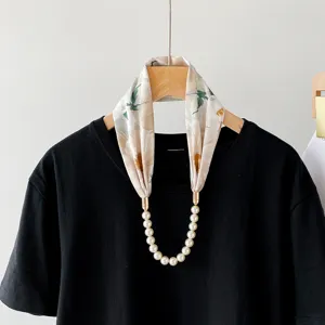 Spring summer floral small silk scarf with pearl magnetic buckle necklace elegant neckerchief