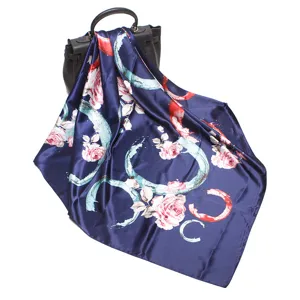 Women 90cm satin silk square scarf elegant floral print large shawl for spring autumn