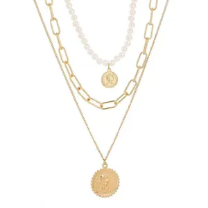Detailed view of multi-layer stacked gold chain necklace with pearl and coin pendant design.