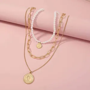 Vintage Multi Layer Layered Pearl Coin Portrait Pendant Necklace Gold Plated Alloy Chain Fashion Jewelry For Women