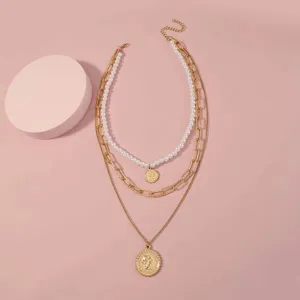 Layered pearl metal chain coin pendant necklace retro style fashion sweater jewelry detail view