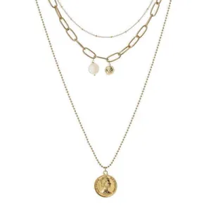 Collier pendentif multicouche doré avec perle baroque et charm pièce pour femme chic
