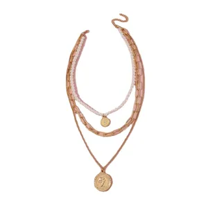 Multi-layer gold chain necklace with pearls and coin pendants for women fashion jewelry.