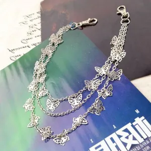 Silver multi-layer hollow butterfly waist chain, trendy metal pants chain for women fashion.