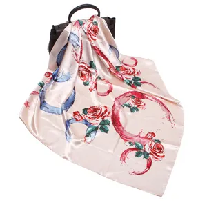 Elegant 90cm satin silk square scarf featuring rose floral prints, ideal for women fashion.