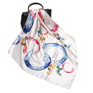 Elegant 90cm satin silk square scarf with floral print, perfect women spring shawl accessory.