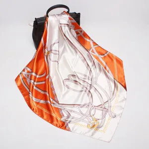 Luxury satin silk square scarf 90cm, elegant orange and white belt print shawl for women.
