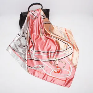 Luxury 90cm satin silk square scarf with elegant chain and equestrian print for women.