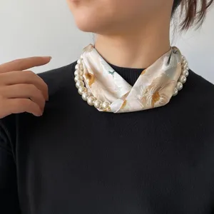 Pearl necklace silk scarf with magnetic buckle, elegant women floral print small scarf jewelry.