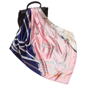 90cm square silk scarf for women, satin imitation silk material with elegant print, luxury shawl.