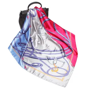 Women's 90cm satin silk square scarf, elegant horsebit print fashion shawl for spring.