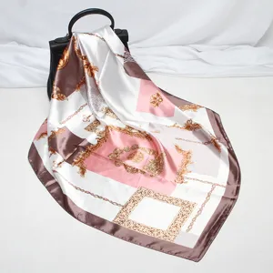 Elegant 90cm satin silk square scarf featuring vintage baroque chain print, main product view.