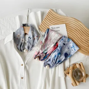 Silk scarf for women elegant floral neckerchief with pearl magnetic clasp stylish accessory