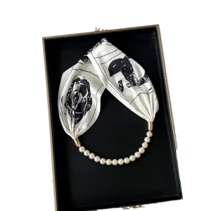 Women silk scarf pearl magnetic necklace black white chic floral print accessory spring summer
