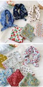 Japanese style cotton linen floral square scarf versatile small neck scarf for women.