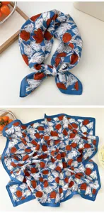 Blue floral cotton linen square scarf for women, elegant neckerchief and spring shawl.