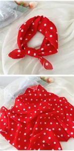 Red white polka dot cotton linen headscarf stylish square neckerchief daily fashion accessory