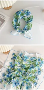 Cotton linen small square scarf, blue floral neckerchief, elegant spring autumn hair band.