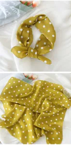 Mustard yellow polka dot cotton linen square scarf, chic vintage head wrap for women and girls.