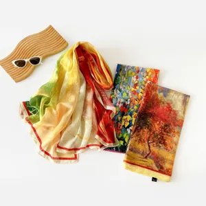 Detail shot of luxury 90cm floral silk square scarf with artistic oil painting print.