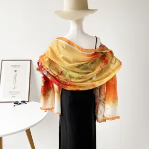 Women's 90cm floral printed satin scarf elegant neckerchief fashion shawl for daily wear