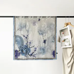90cm square silk scarf for women, elegant blue floral fan print satin headscarf stylish.