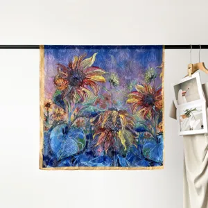 90cm Sunflower Silk Scarf Women Satin Square Scarf Vintage Art Floral Print Head Scarf