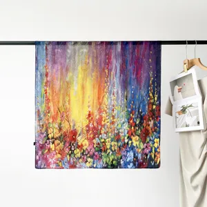 90cm floral satin square scarf for women, elegant abstract oil painting design headscarf.
