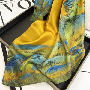 Luxurious silk square scarf featuring traditional landscape print elegant women silk foulard