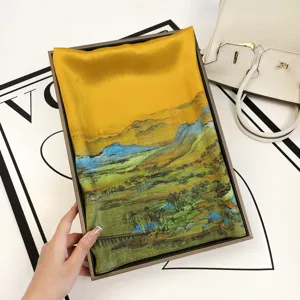 Luxury silk square scarf with traditional Chinese landscape painting print, elegant and smooth.