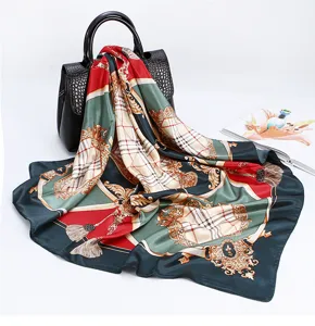 Luxurious 90cm satin silk scarf with vintage baroque chain print, elegant shawl and headscarf.