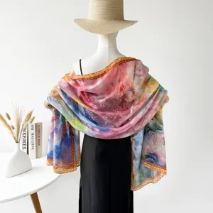 Women's Fashion Long Scarf Polyester Satin Hollow Out Floral Print Shawl Lightweight Sun Protection Scarf For Travel