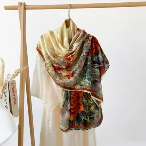 Floral print silk scarf long shawl elegant vintage women neck scarf for spring summer