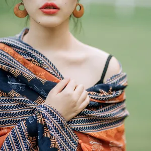 Ethnic style print shawl, sun protection scarf, bohemian cotton linen feel drape accessory for women.